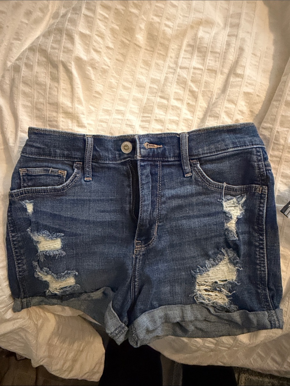 Hollister Distressed Dark Blue Rolled Hem Denim Shorts